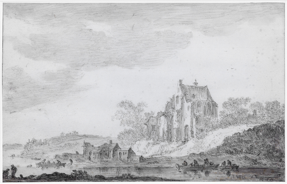 Riviergezicht met ruïneuze kerk